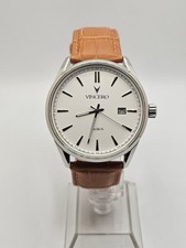 2014 Vincero 1st Gen Kairos Men Silvertone Date Quartz Watch Carmel Leather Band