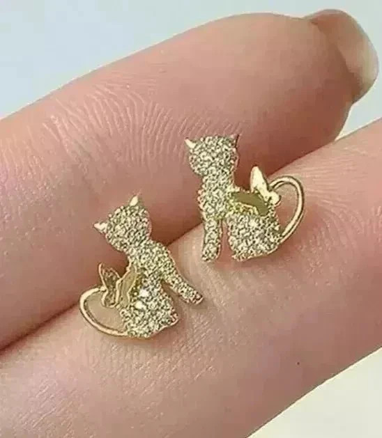 2Ct Round Cut Real Moissanite Women's Cat Stud Earrings 14K Yellow Gold Plated