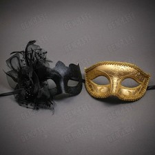 Venetian Floral Scroll Masquerade Masks Black Gold This is Pair for Couples