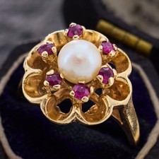 925 Sterling Silver Natural Pearl & Ruby Lab Created Gemstone Ring /Promise Gift