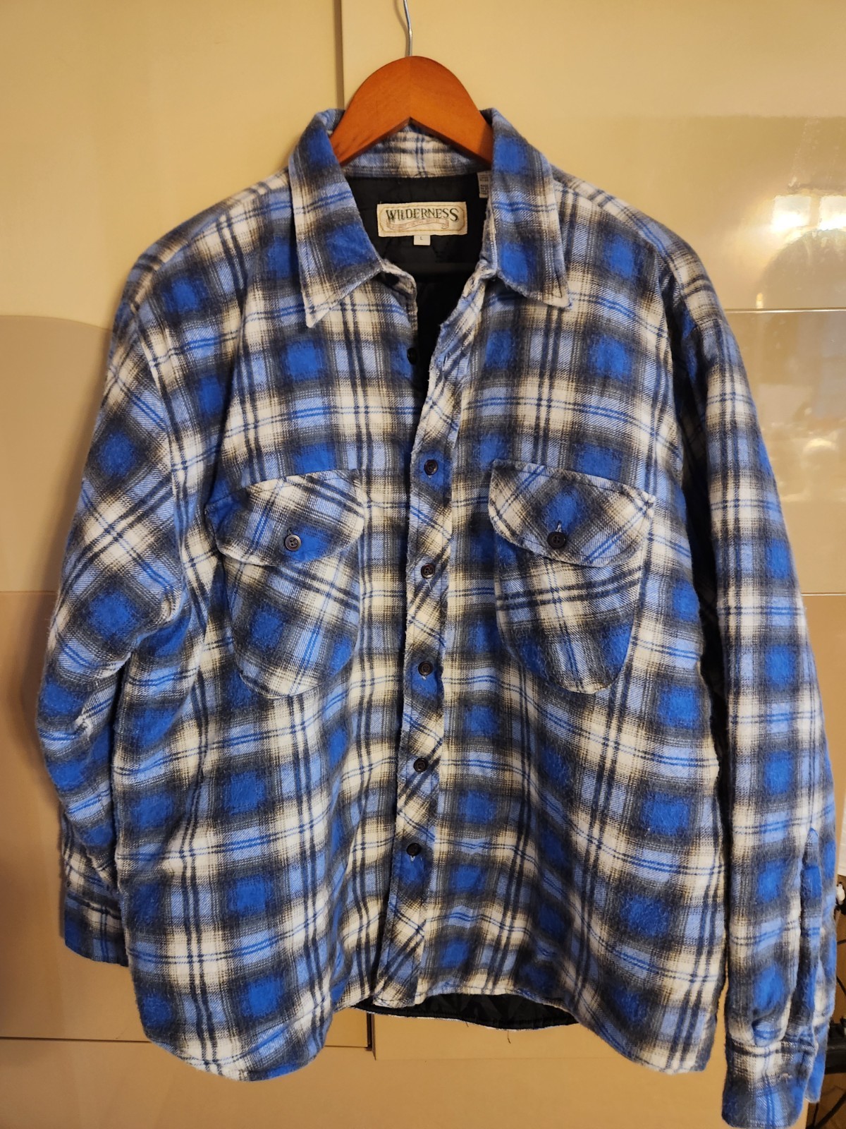 Wilderness Quilted Flannel Shirt Jacket Blue Plaid L Warm Lined Shacket