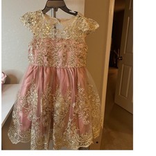 Pink Formal Dress with Sequined Gold lace with a Large Bow US size 4T/5T NWOT