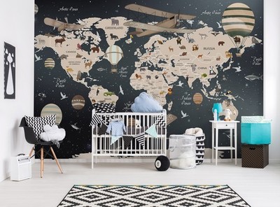 Weltkarte Fototapete 312x219cm Kinderzimmer Spielzimmer schwarz beige Wandbild