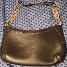 Black Small Crescent Shoulder Bag Gold Chain Detachable Strap Snap Lined Pockets