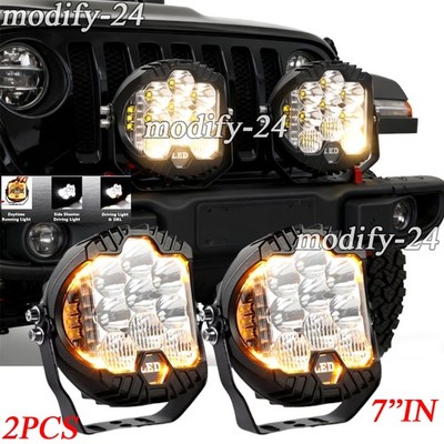 2PCS 7'' inch Round LED Work Lights Bar Amber DRL Pods Fog Lamp Offroad Driving
