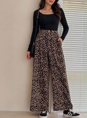 ROZAS Women's Cheetah Animal Print High Rise Wide-Leg Pants Size S