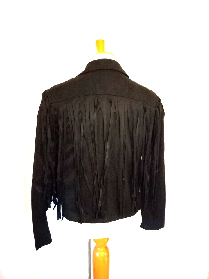 Chaqueta Corta Haoduoyi Negra con Flecos Imitación Gamuza Frente Abierto Talla Pequeña NUEVA Foto 3 de 3