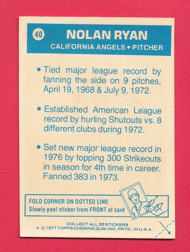 EX+/- CLOTH TEST ISSUE NOLAN RYAN HOF 1977 TOPPS STICKER #40 VINTAGE *TPHLC-0824 - Picture 2 of 2