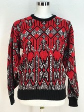 Vtg Sweater Red black white 80's abstract crew neck long sleeve knit space dye M