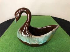 Vtg. McMaster Craft Canada Ceramic Swan Planter, 4-1/2" tall, brown / blue
