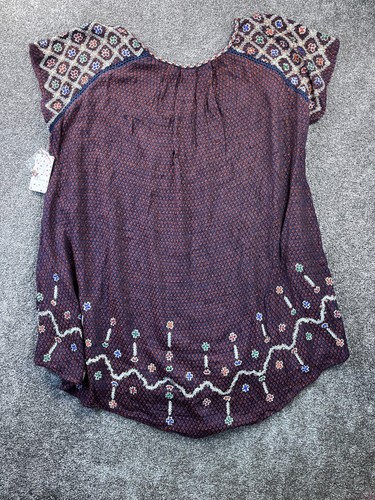 Free People Peasant Blouse Size L Navy Short Sleeve Embroidered Sequin NWT - Picture 16 of 16