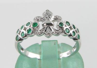 ERNITY-RING 9 KARAT WEISSGOLD SMARAGD DIAMANT FLEUR DE LYS GRÖSSE S