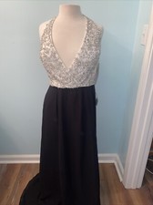 AIDAN MATTOX SZ 12 Ivory Beaded Halter Bodice Black Chiffon Formal Gown NWT