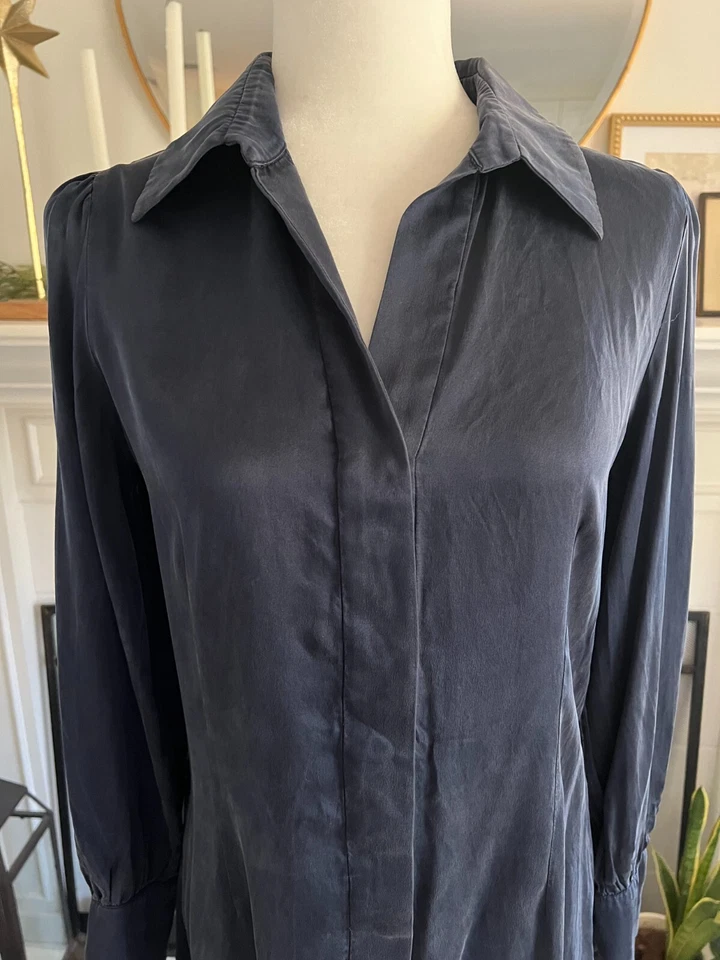 Vestido camisero de seda rosa tartán para mujer talla S mangas largas azul marino clásico Foto 2 de 4