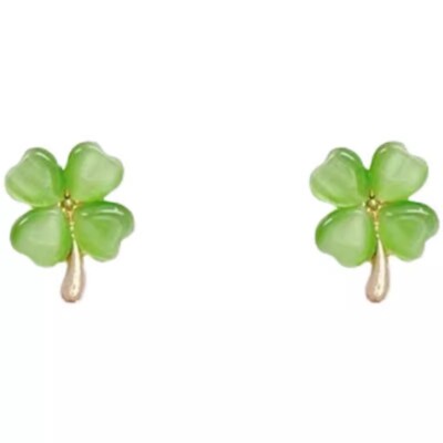 Graceful Four Leaf Clovers Earrings Adorned with Cats Eye Stones Women Ear Studs