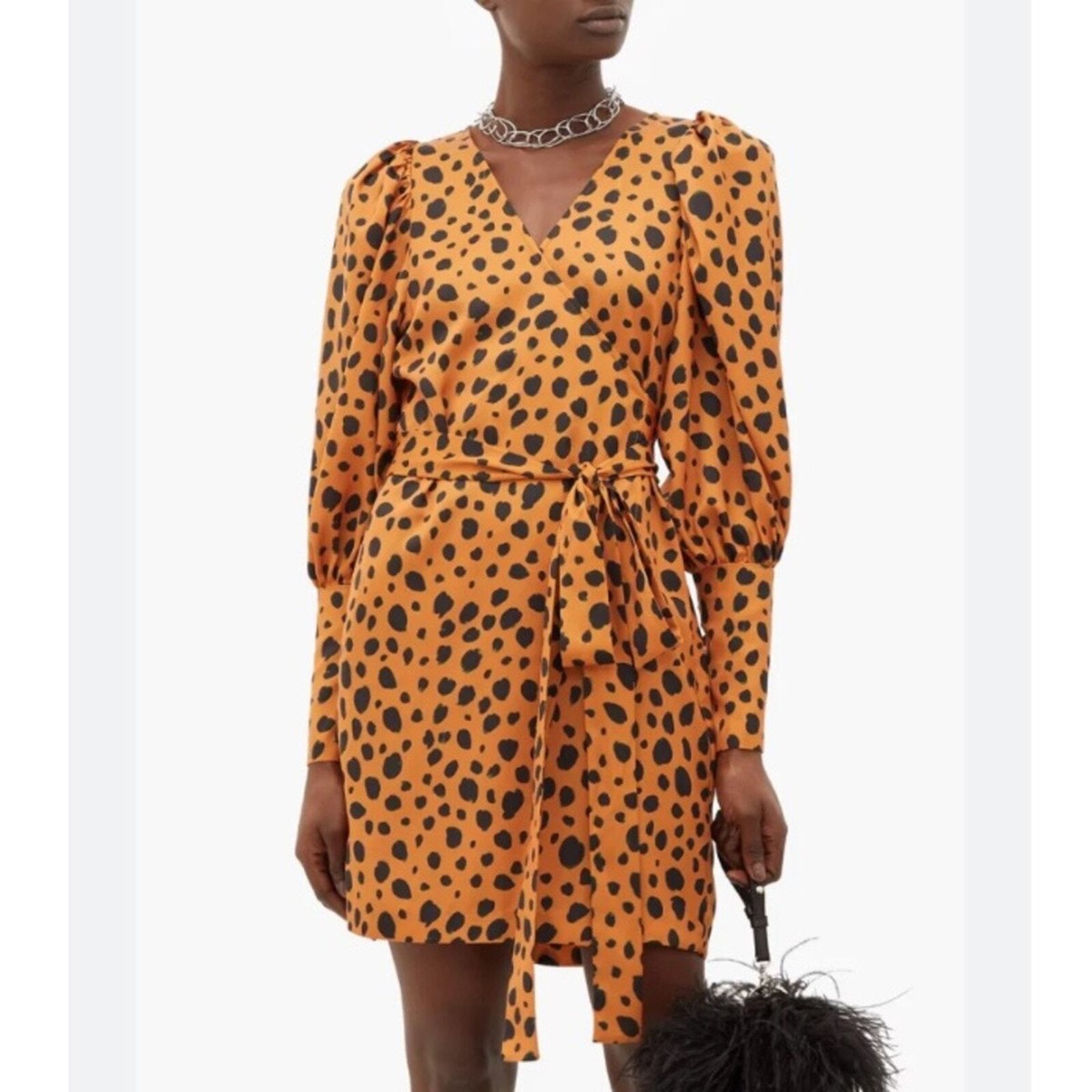 Rhode Dress Frankie Mini Wrap Long Sleeve Satin Leopard Print Polka Dot  Orange - Main Image