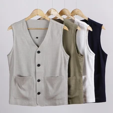 Men's Summer Cotton Linen Vest Loose Waistcoat Gilet Sleeveless Tops Plus Size