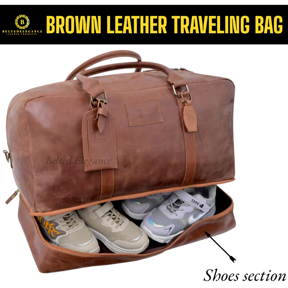 Brown Leather Duffle HandBag Travel Luggage Gym Weekend Unisex Vintage Genuine . - Image 2 of 4