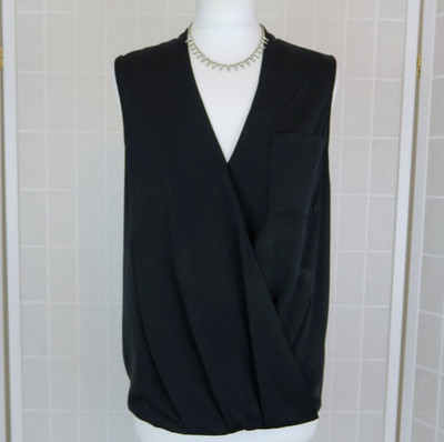 Hush Faux Wrap Top Size 12 Black Pocket Sleeveless Blouse Hi Low Hem