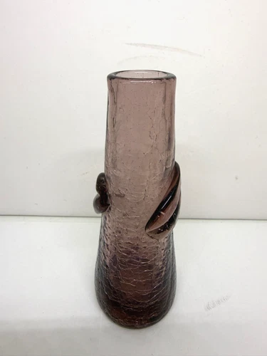 Lilac Amethyst Purple CRACKLE GLASS Bud Vase Tapered Leaf Leaves Blenko 1950-60