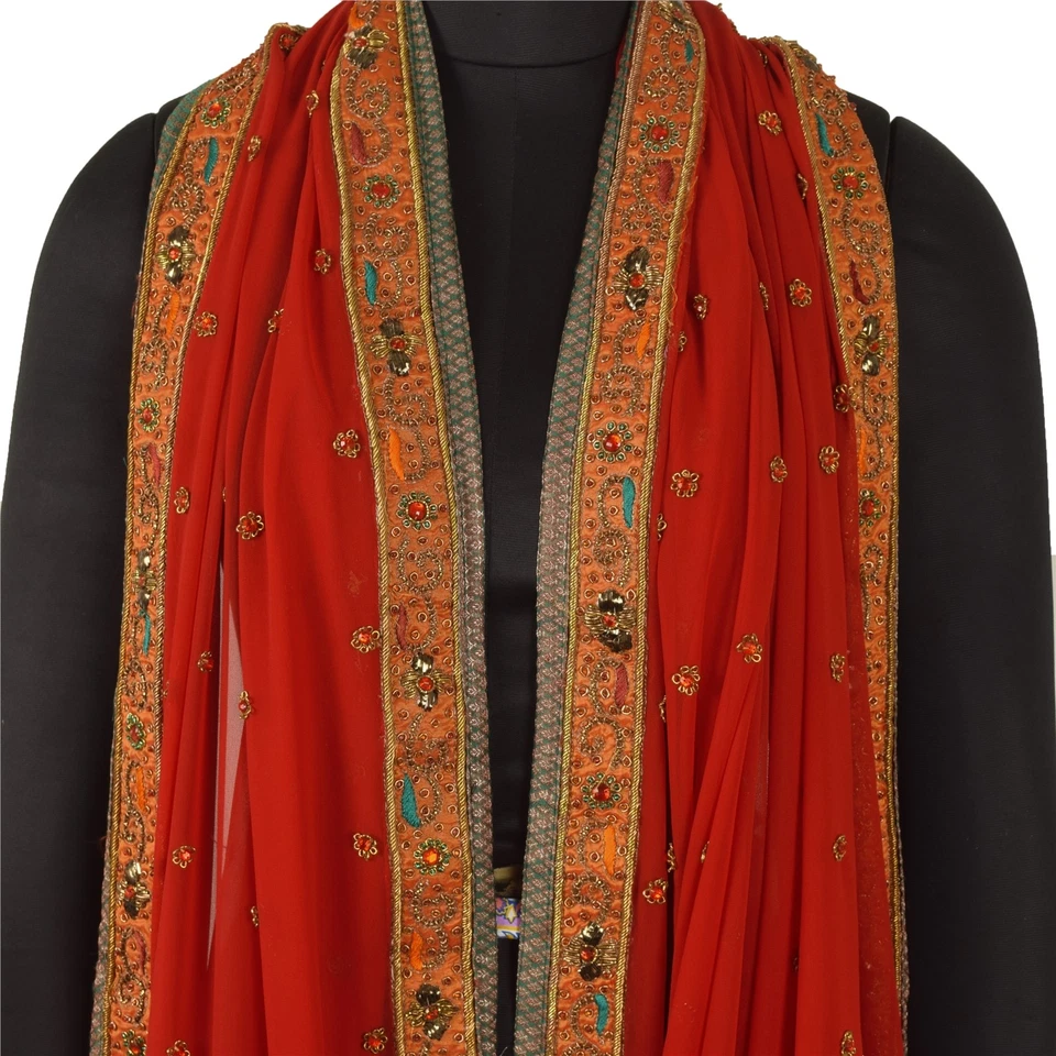 Estola de boda Sánscriti vintage roja Dupatta Georgette con cuentas a mano Zardozi Dabka Foto 2 de 4