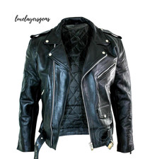 Men's Motorcycle Leather jacket Genuine Buffalo Skin Brando Style Black Biker
