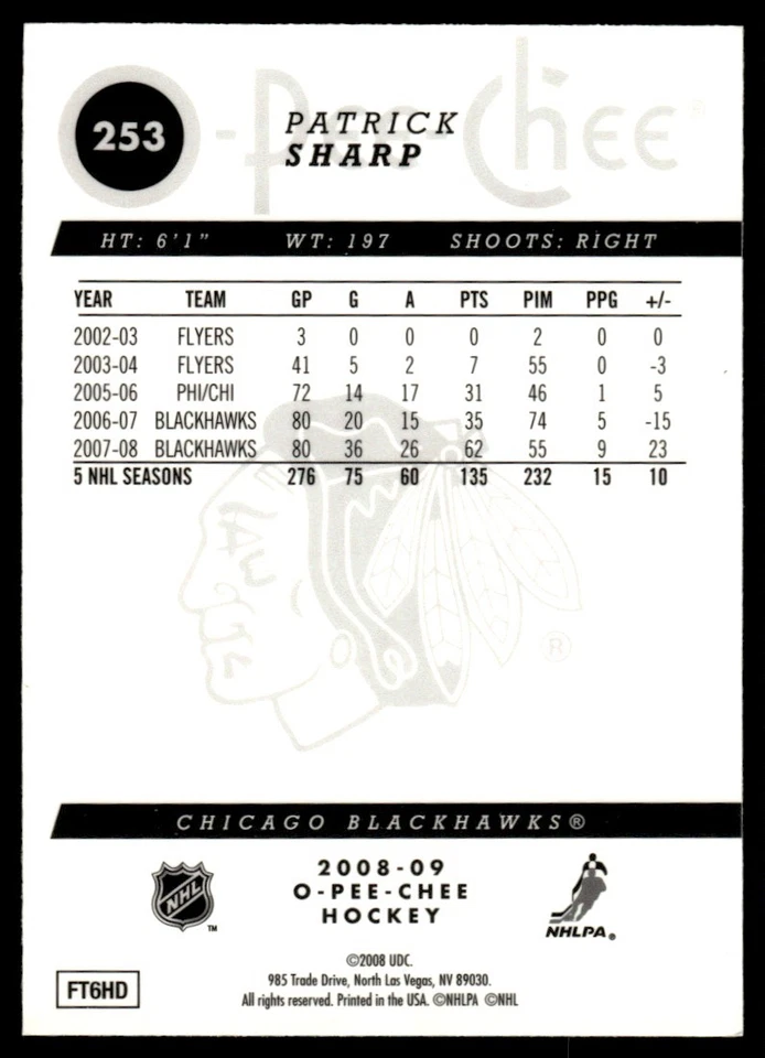 2008-09 O-Pee-Chee Metal Patrick Sharp Chicago Blackhawks #253 - Image 2 of 2