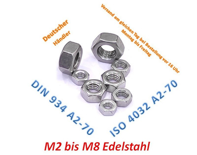 Sechskant Mutter DIN 934 Edelstahl  A2 V2A  M2 M2,5 M3 M4 M5 M6 M8  ISO 4032