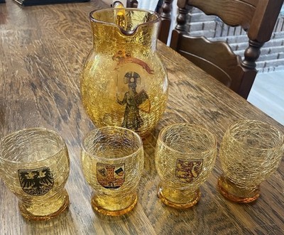 Bormioli Rocco Vintage Glaskaraffe und Gläser Set mit Wappen