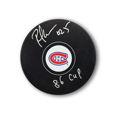 Petr Svoboda Autographed Montreal Canadiens Hockey Puck Inscribed 86 Cup