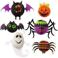 Jeyiour 6 Pack Halloween Paper Lanterns Hanging Decoration, 3D Honeycomb Ghos...