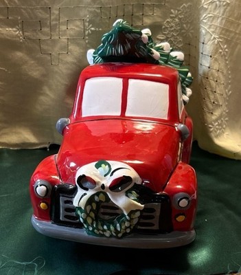 Christmas Tree Red Truck Cookie Jar Earthenware Holiday Time Hand Painted