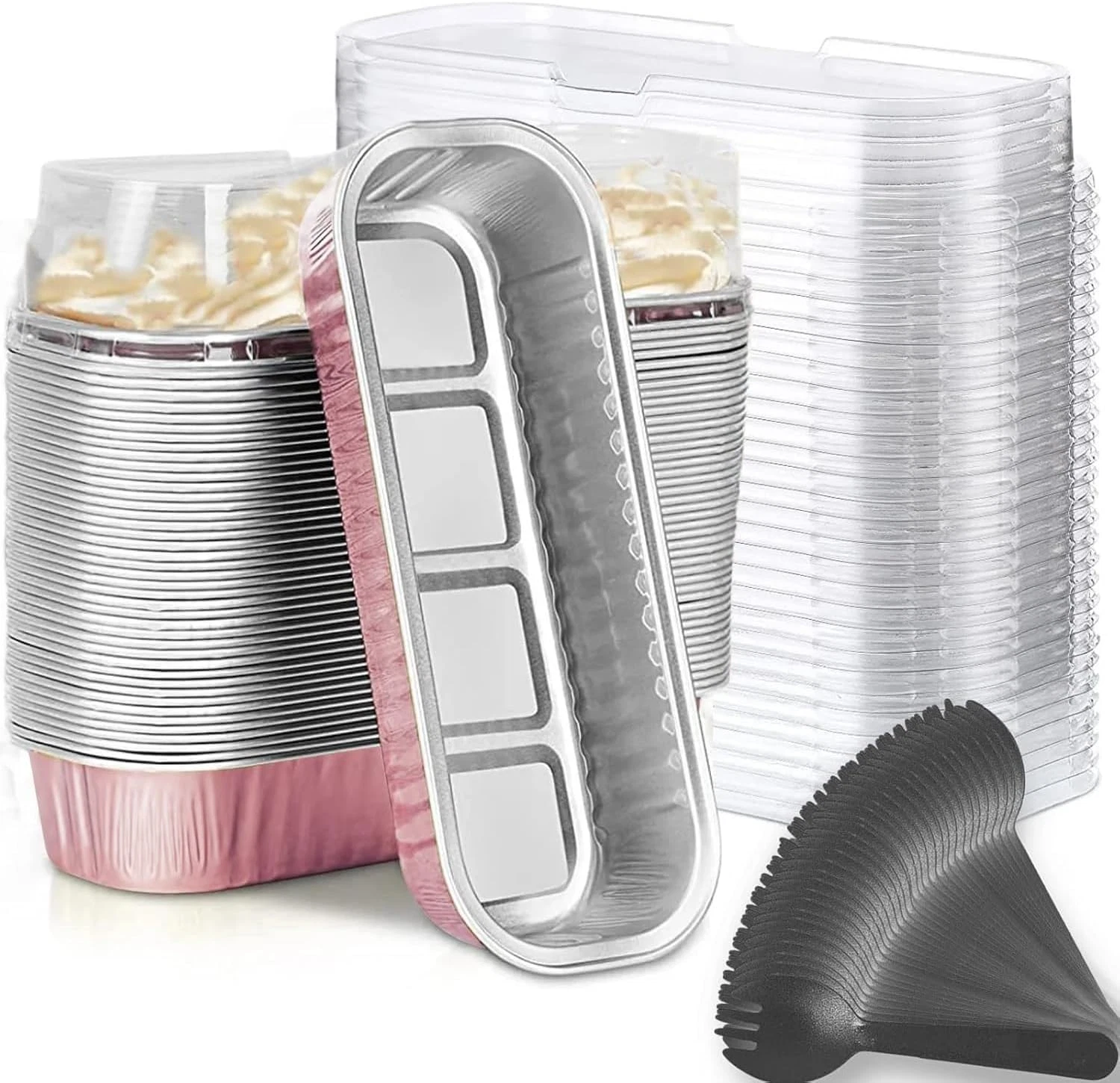 Mini Loaf Baking Pans with Lids and Spoons (50 Pack, 6.8Oz) Rectangle Aluminum F