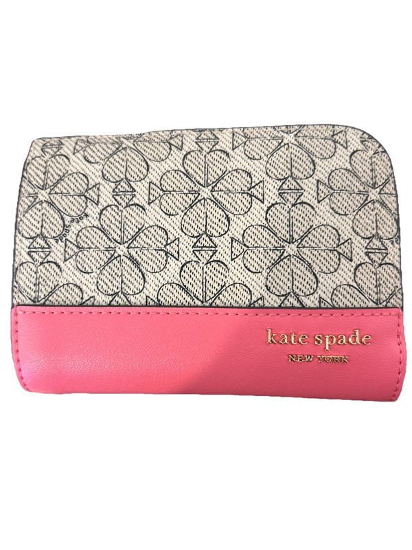Kate Spade Pink Floral Wallet Small Compact Coated Canvas Zip Snap Closure NEW
