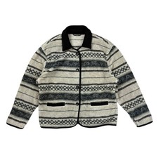 Vintage Patterned Button Up Fleece Women’s Jacket Size L Grey Beige Aztec Retro