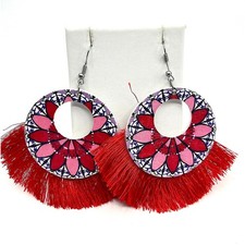 VTG Boho Red Tassel Hoop Earrings Pink Floral Mandala Print Geometric Drop Retro