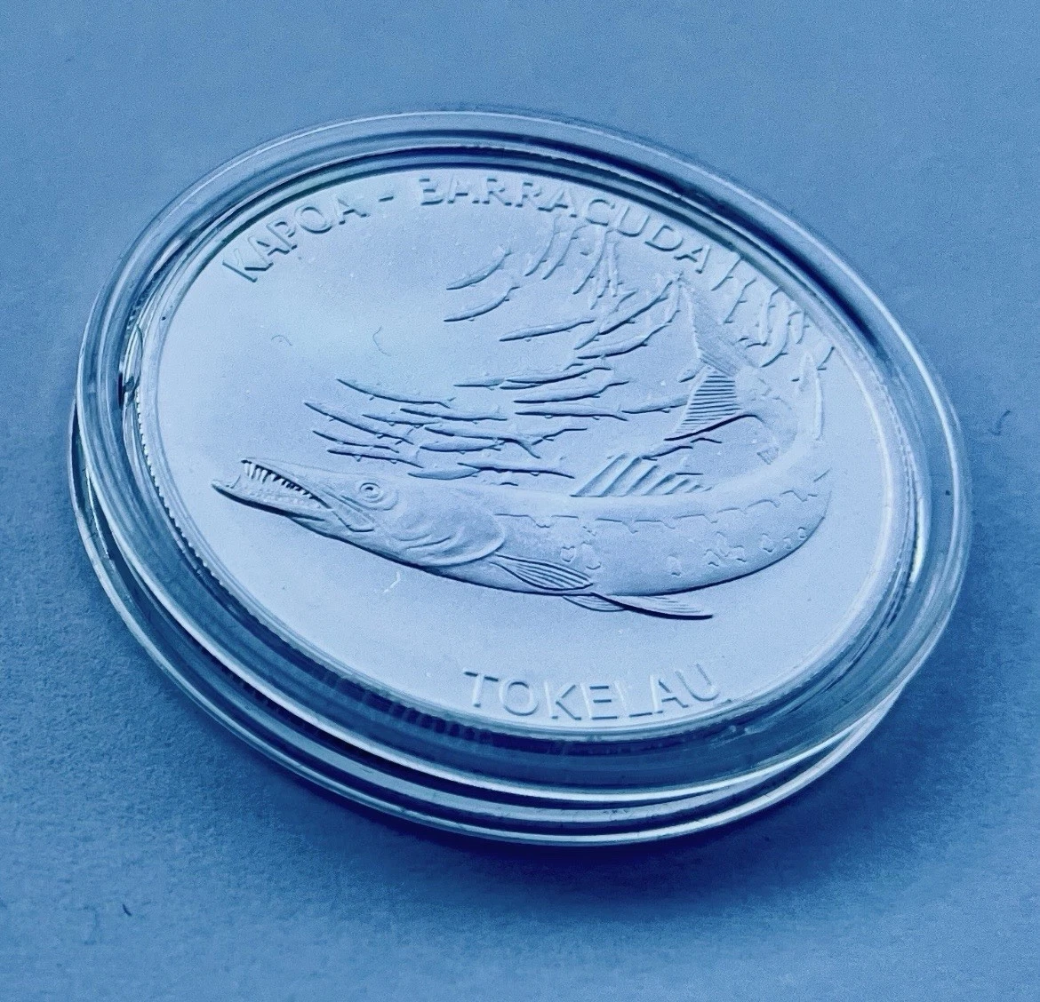 🪙Tokelau 2017 1 oz Plata .999–Kapoa Barracuda–Serie Ocean Life-S/C BU-Cápsula
