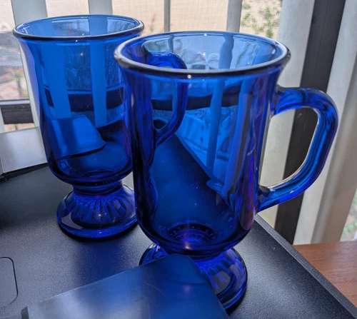 Set of 2 Anchor Hocking USA 5" Cobalt Blue Glass Footed Mugs 8 oz Capacity