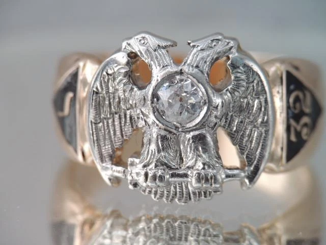 ANTIQUE SOLID 10K WHITE YELLOW GOLD DIAMOND 32ND DEGREE MASONIC