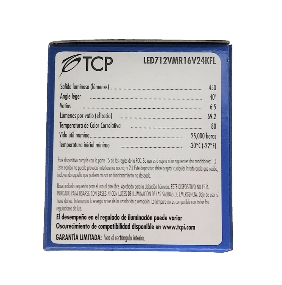 TCP LED712VMR16V24KFL 7W 12V MR16 2400K GU5.3 Dimmable LED Light Bulb - Image 3 of 4