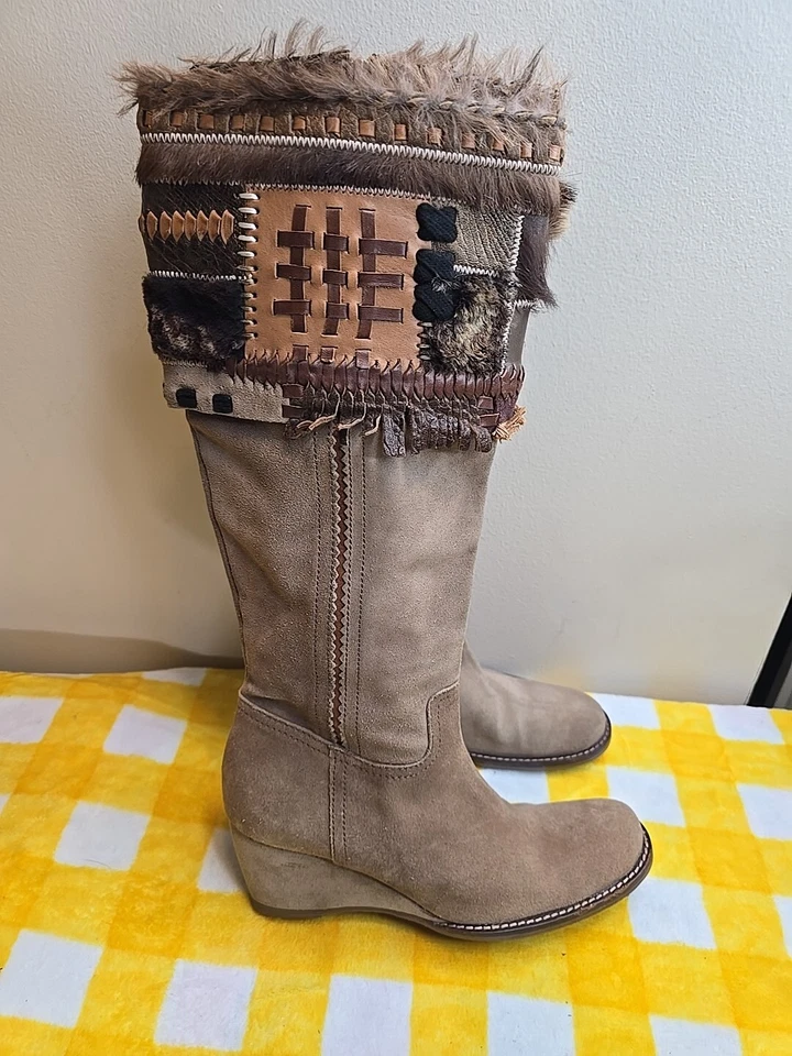 Botas Apepazza Ninfa para mujer 10 cuero gamuza tostado cuña boho tribal retazos Foto 4 de 4