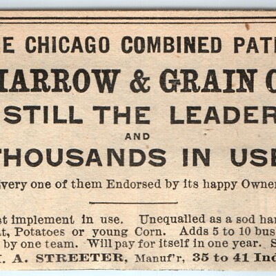 Vtg 1891 H.A. Streeter Chicago IL Flexible Harrow Cultivator Print Ad Farm Tool
