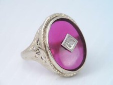 ANTIQUE ART DECO 14K WHITE GOLD FILIGREE DIAMOND RED STONE RING sz 2 1/2