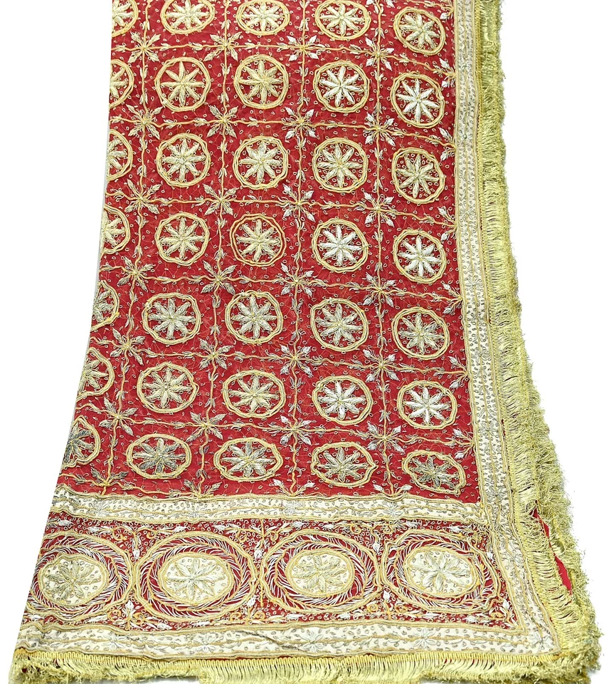 Vintage Heavy Bridal Red Dupatta Pure Chiffon Silk Long Stole Hand Embroidered - Image 3 of 4