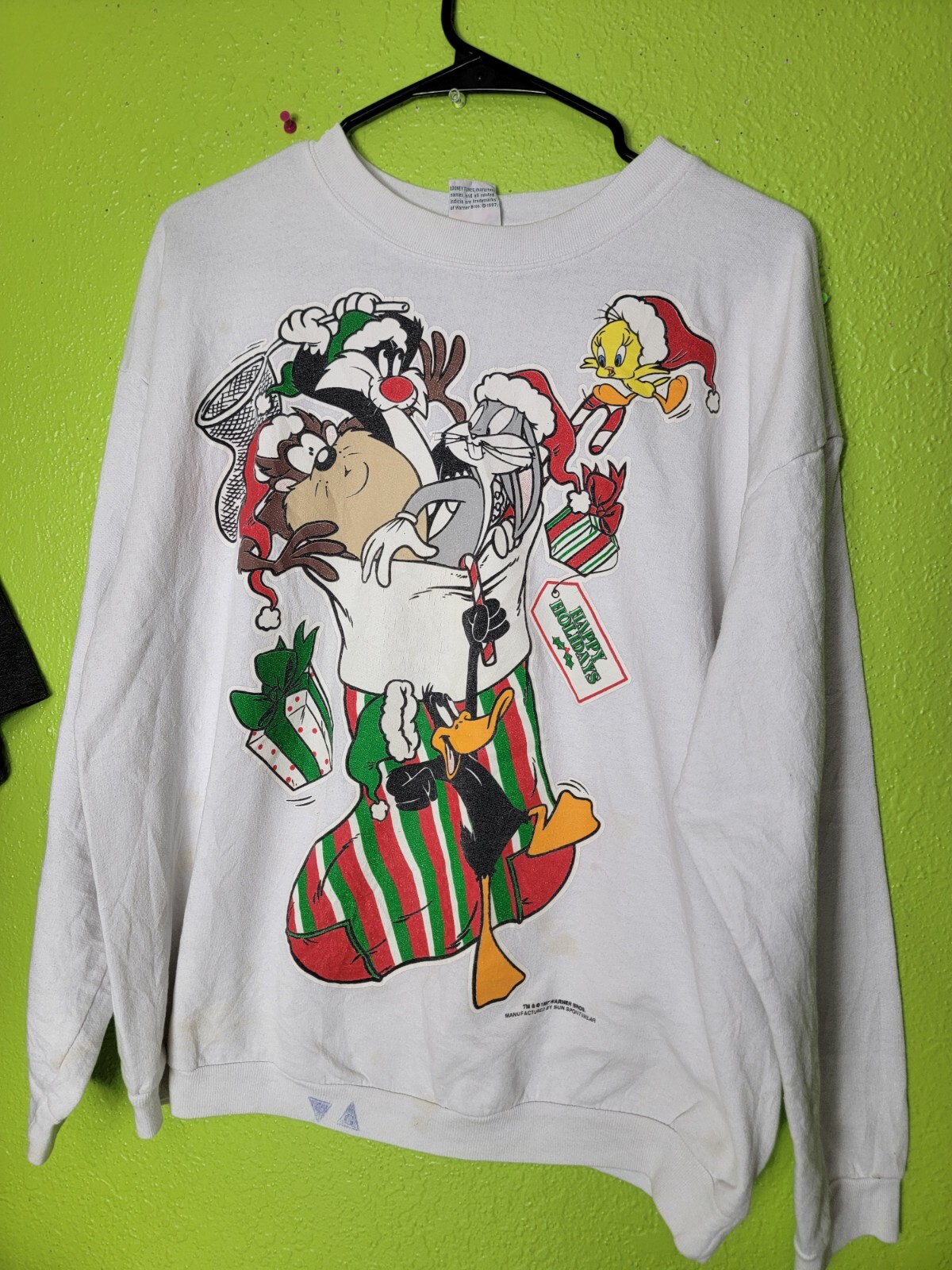 Vintage 1990s Looney Tunes Ugly Christmas Sweater White Sweatshirt Bugs Taz VTG