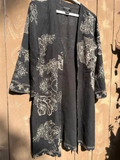 Citron Santa Monica Black Asian Print Silk/Linen Open Duster - Women's Sz S