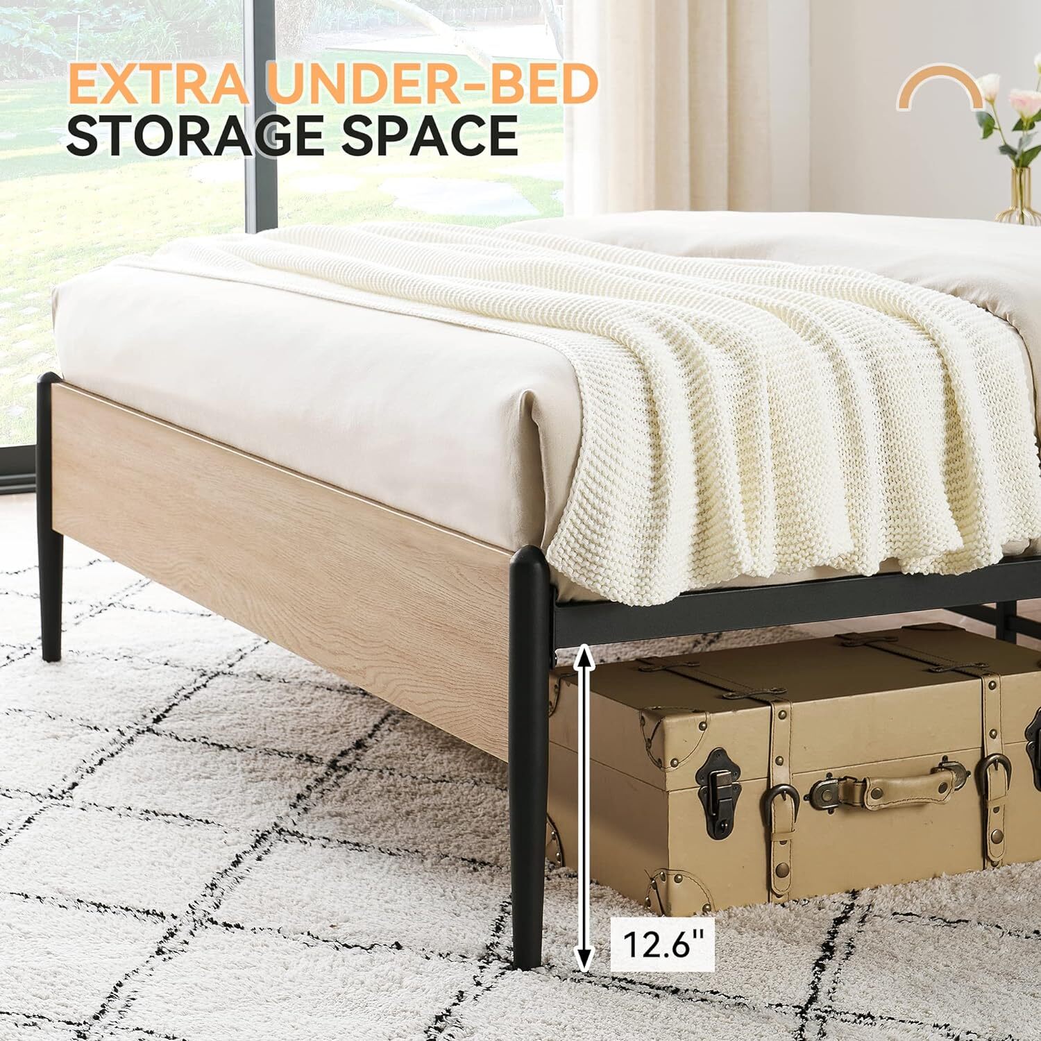 Queen Bed Frame w/Rattan Headboard, Platform Bed Frame with Safe Rounded Corners