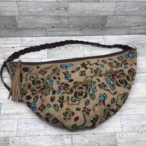 Beautiful Boho Purse Liz Claiborne Leather Suede Floral Embroidered Banana Bag - Picture 3 of 9