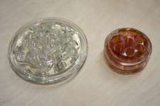 Set of 2 Glass Flower Frogs - 1 each 8 Hole Marigold Iridescent  16 Hole Clear