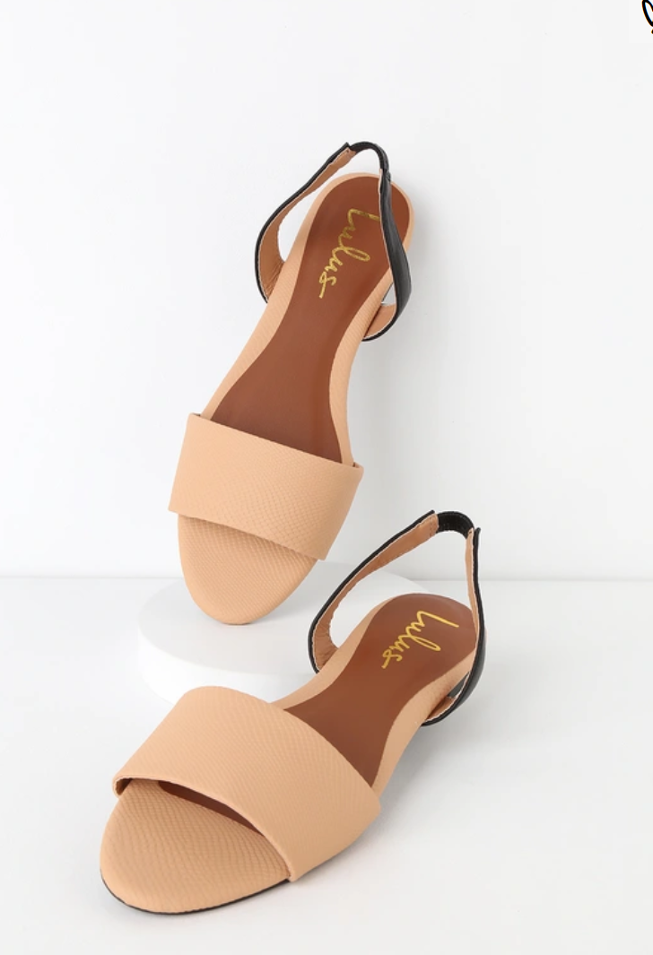 NIB Lulus Madora Toffee Beige Snake Print Slingback Flat Sandals